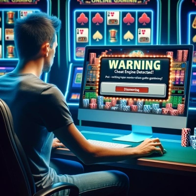 Stellt eine Person vor einem Computerbildschirm mit einer Warnmeldung dar, die auf die Entdeckung von Cheat Engine in einem Online-Casino hinweist.