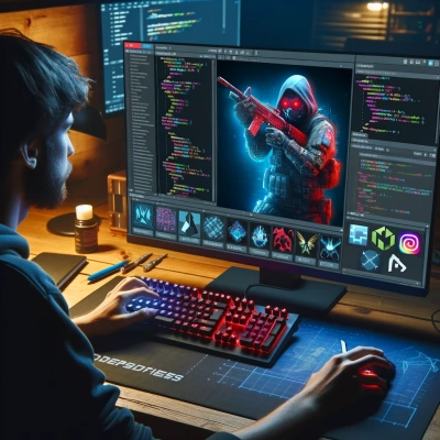 Darstellung eines Spielers vor seinem Computer, der tief in die Veränderung eines Spiels involviert ist.