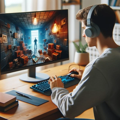 Eine Person ist auf ihrem Computer zu Hause tief in ein virtuelles Fluchtspiel verstrickt.