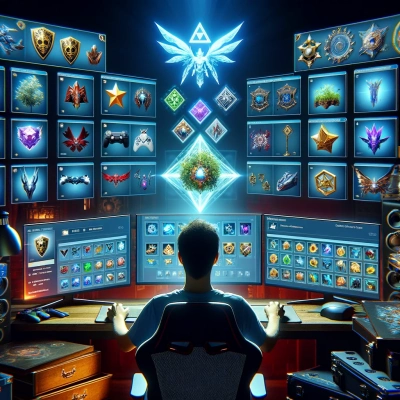 ein konzentrierter Spieler in einer Spielanlage, umgeben von Bildschirmen, die eine reiche Sammlung seltener virtueller Gegenstände zeigen