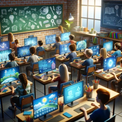 Ein Klassenzimmer mit Schülern, die sich für das Lernen mithilfe von Lernvideospielen engagieren.