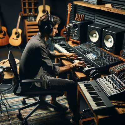 Ein Komponist in einem Musikstudio, der sich auf die Erstellung eines Soundtracks für ein Videospiel konzentriert.