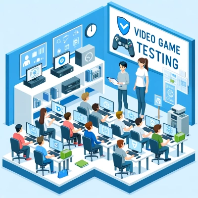 Darstellung eines Klassenzimmers, in dem Schüler lernen, Videospiele zu testen