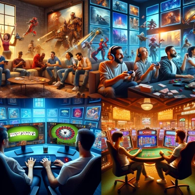 4 Bilder von verschiedenen Situationen zwischen Videospielen und Spielen in Online-Casinos