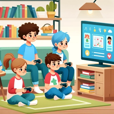 Es werden Kinder dargestellt, die zu Hause ein Lernvideospiel spielen.