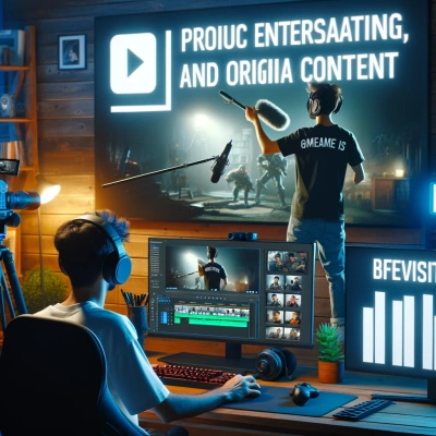 Ein Spieler wird gezeigt, wie er in einem Heimstudio, das mit Geräten zur Videoaufnahme und -bearbeitung ausgestattet ist, hochwertige Inhalte erstellt.