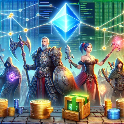 Figuren in einem Fantasy-Videospiel, die im Spiel Gegenstände austauschen, vor dem Hintergrund von digitalem Code und Netzwerkverbindungen