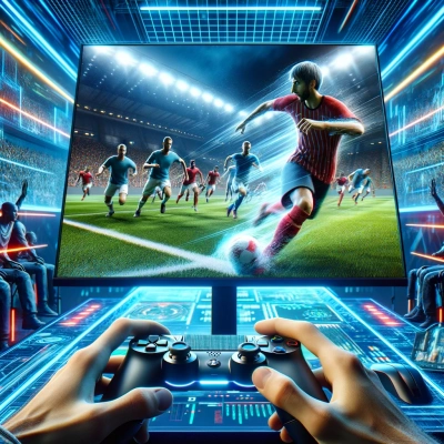 eine dynamische Szene aus einem virtuellen Sportsimulationsspiel mit Spielern, die in einen intensiven Wettkampf verwickelt sind