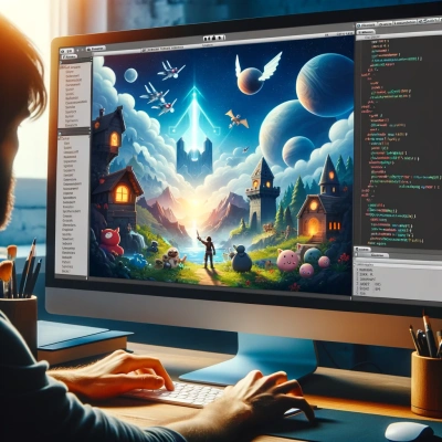 Ein Entwickler, der die Unity-Software verwendet und ein Spiel für verschiedene Plattformen erstellt.
