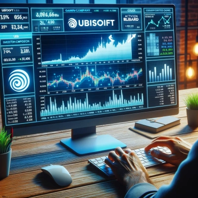 ein lebhaftes Börsenparkett mit Bildschirmen, auf denen die Aktien großer Spielefirmen wie Ubisoft und Activision Blizzard angezeigt werden