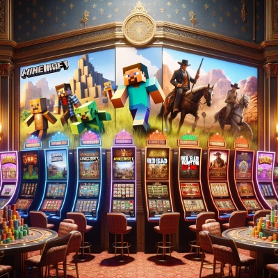 Bildschirme, auf denen Spielautomaten und Tischspiele mit Themen wie Minecraft, Red Dead Redemption und anderen angezeigt werden