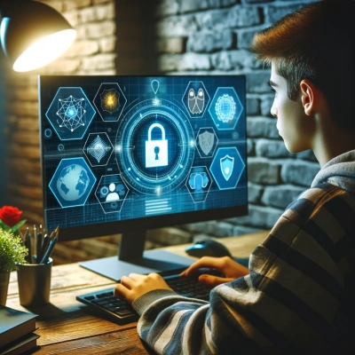 Eine Person, die sich mithilfe eines Computerlernspiels mit dem Thema Cybersicherheit vertraut macht